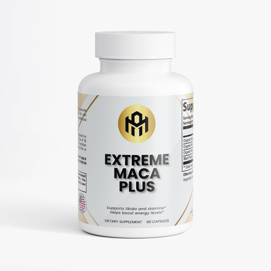 Supplement bottle labeled 'Extreme Maca Plus' on a white background