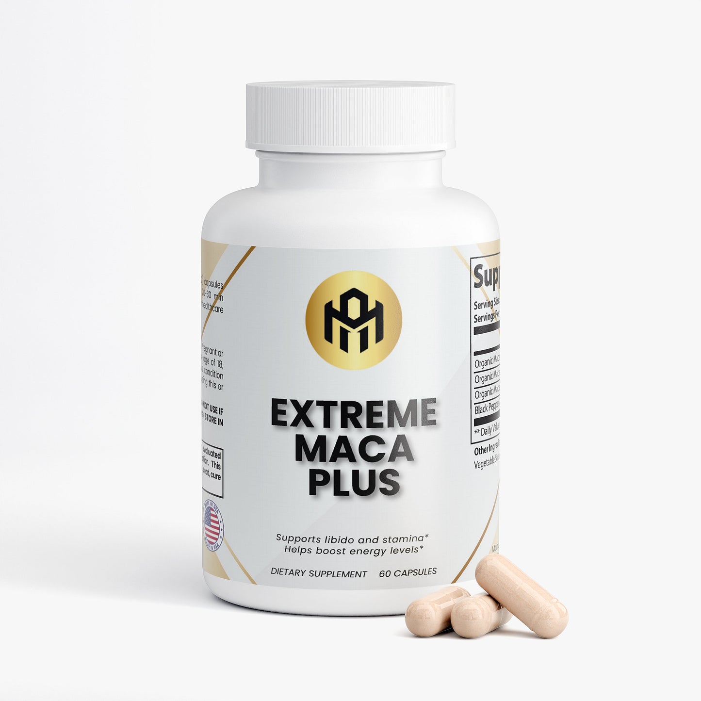 Supplement bottle labeled 'Extreme Maca Plus' on a white background