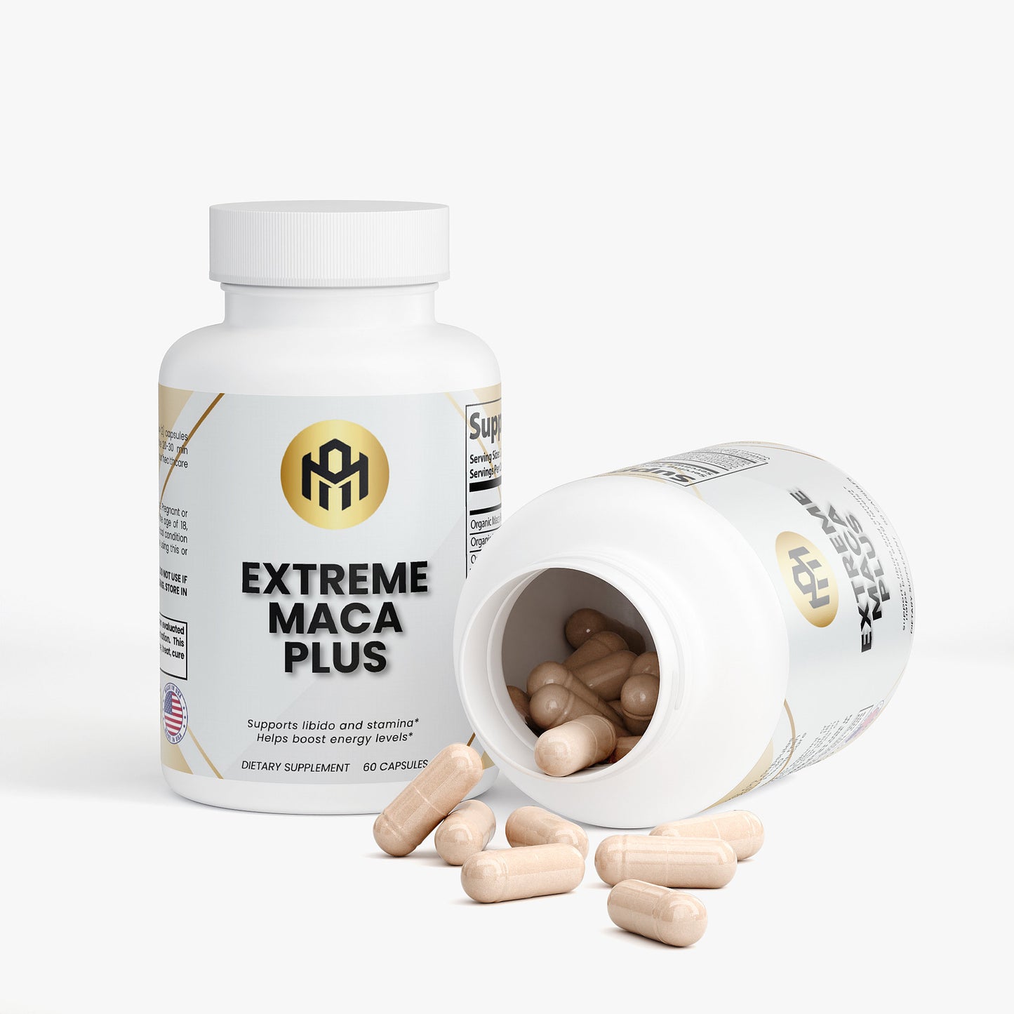 Supplement bottle labeled 'Extreme Maca Plus' with open cap showing capsules on a white background