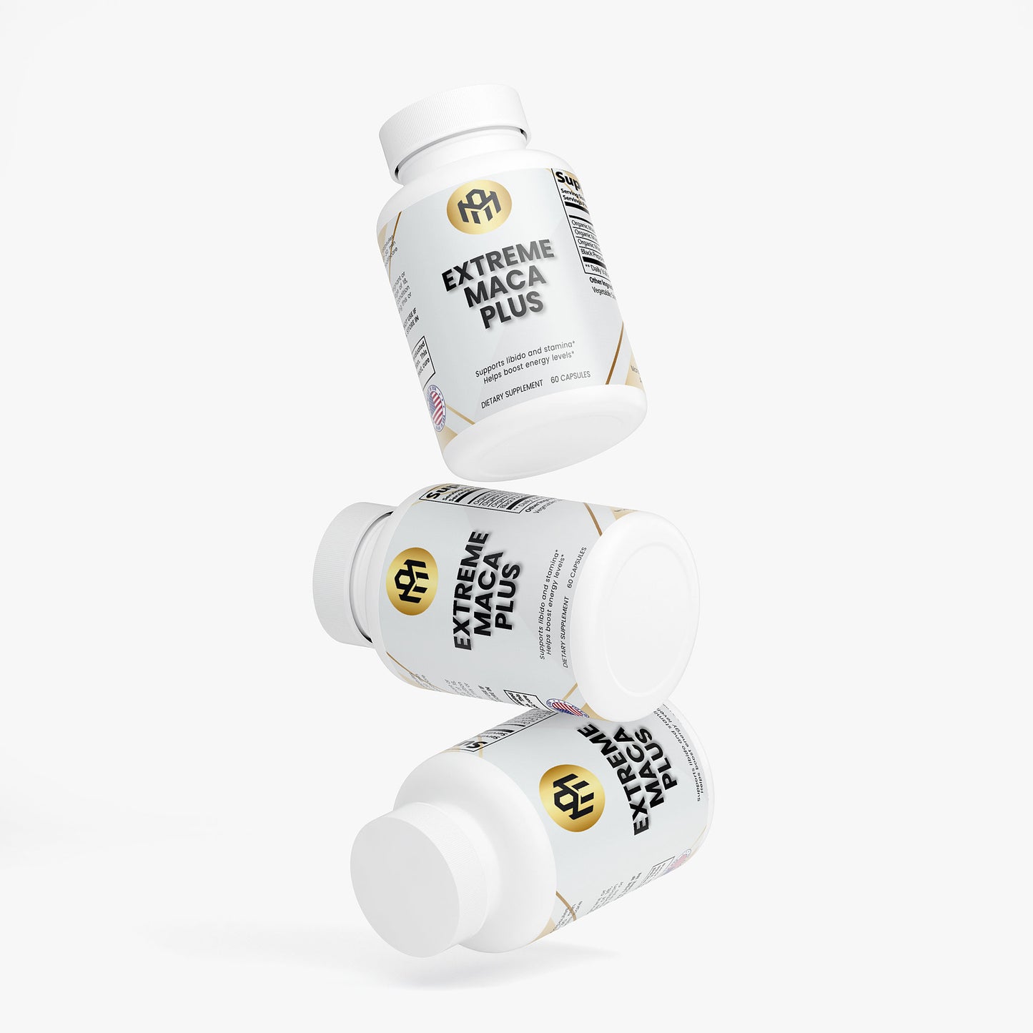 Three bottles of Extreme Maca Plus on a white background
