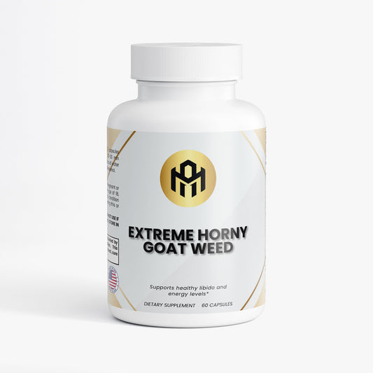 Supplement bottle labeled 'Extreme Horny goat weed' on a white background