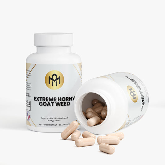 Supplement bottle labeled 'Extreme Horny goat weed' with open cap showing capsules on a white background