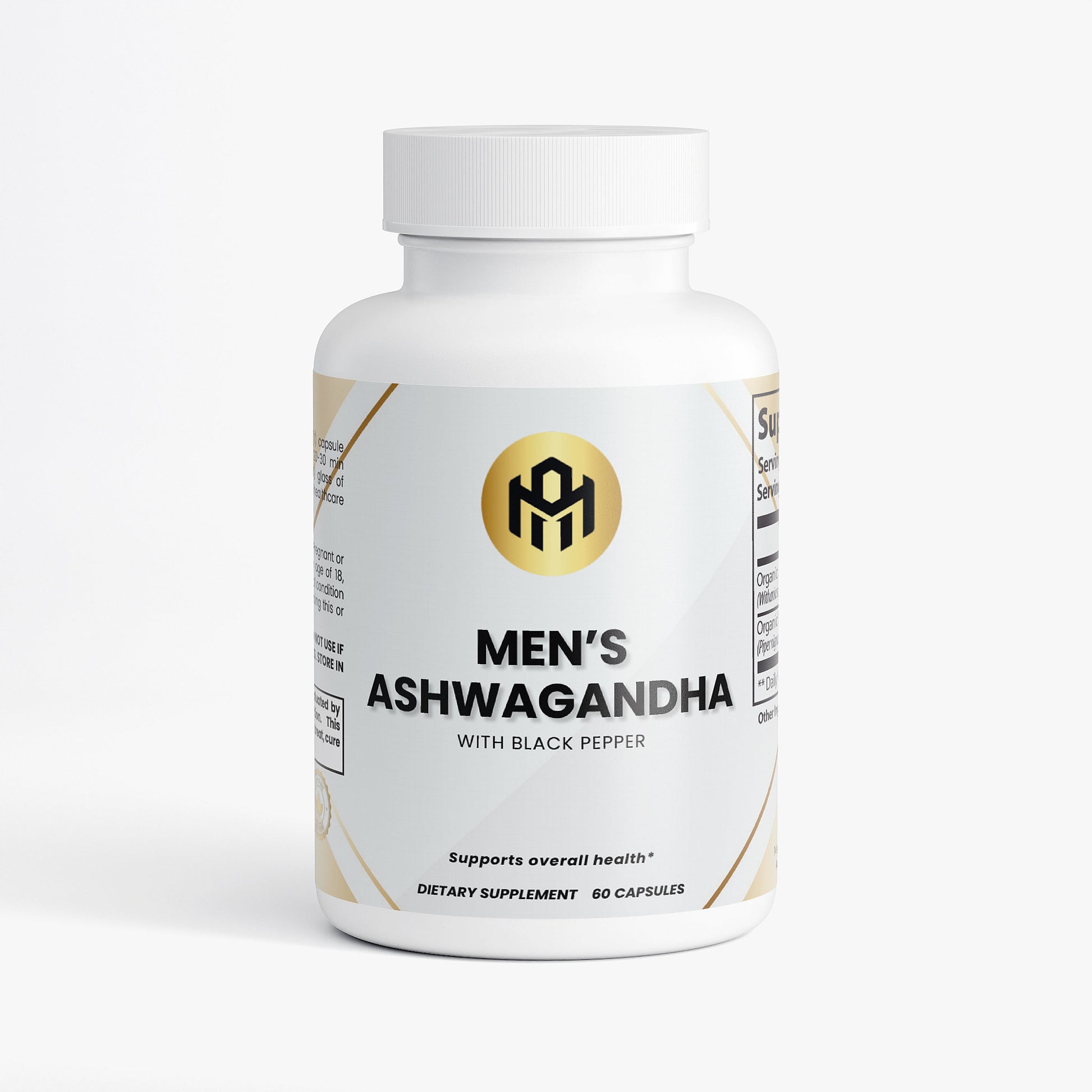 Supplement bottle labeled 'Men's Ashwagandha' on a white background