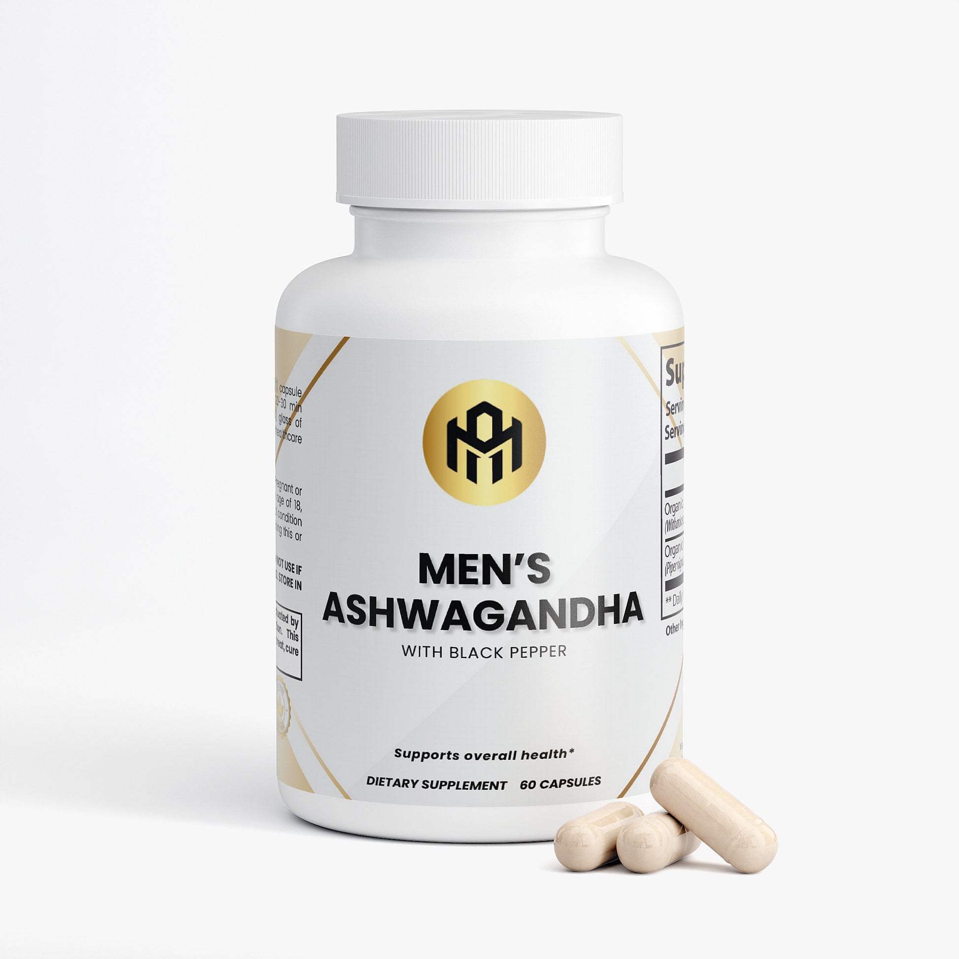 Supplement bottle labeled 'Men's Ashwagandha' with two capsules on a white background