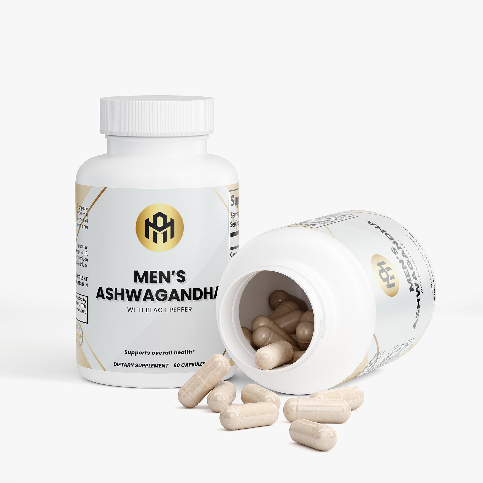 Men's Ashwagandha supplement bottle with open cap showing capsules on a white background