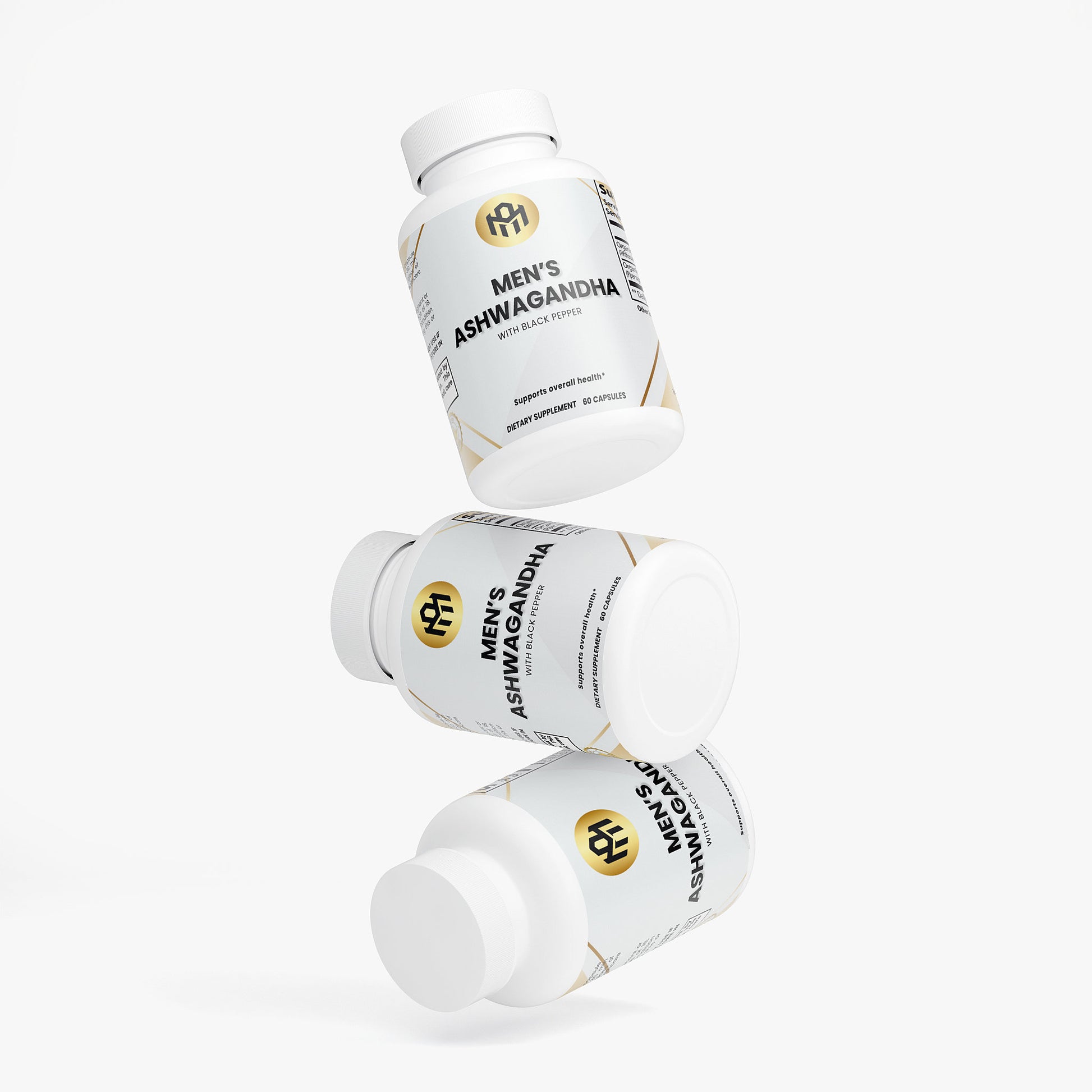 Three bottles of Men's Ashwagandha supplement on a white background