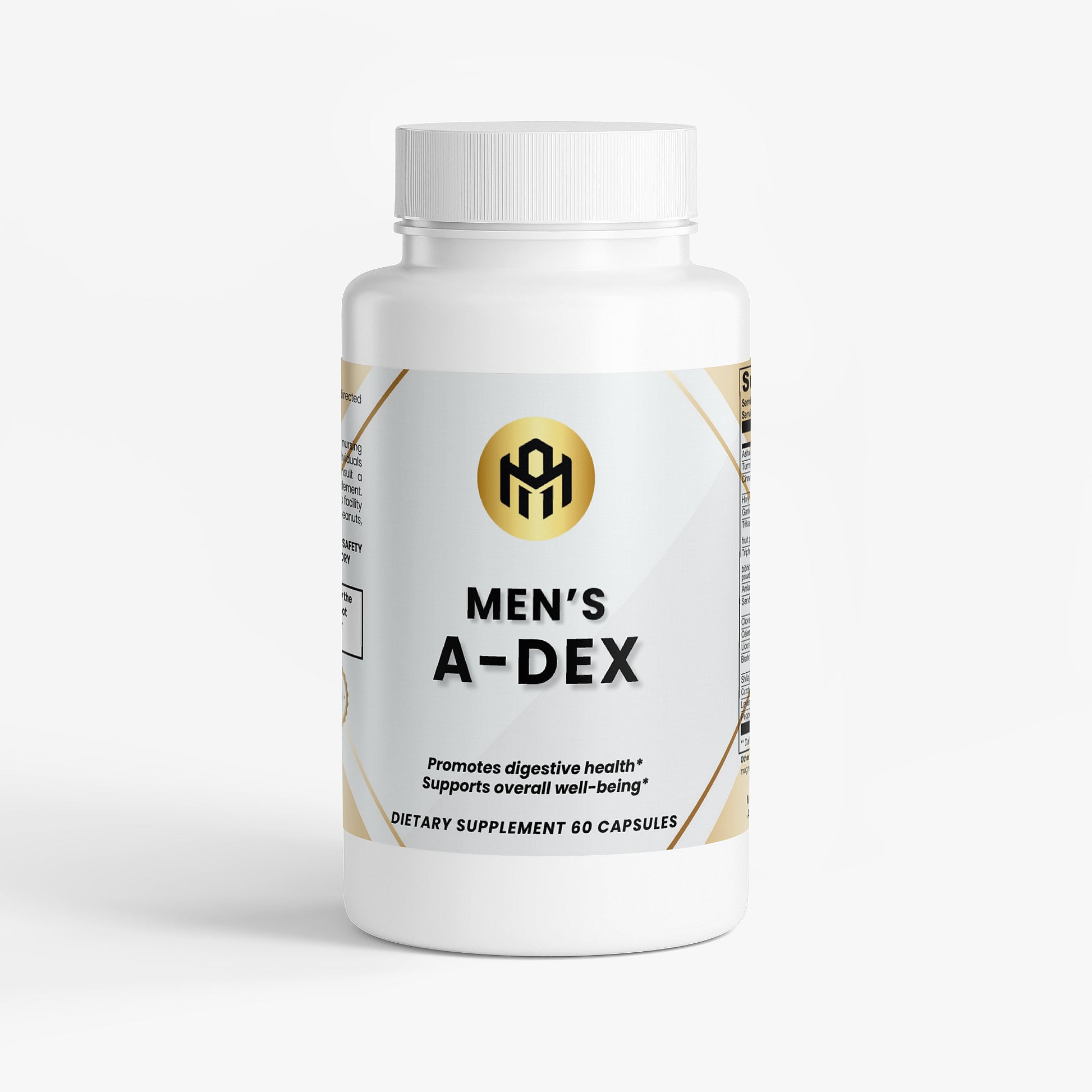 Supplement bottle labeled 'Men's A-Dex' on a white background