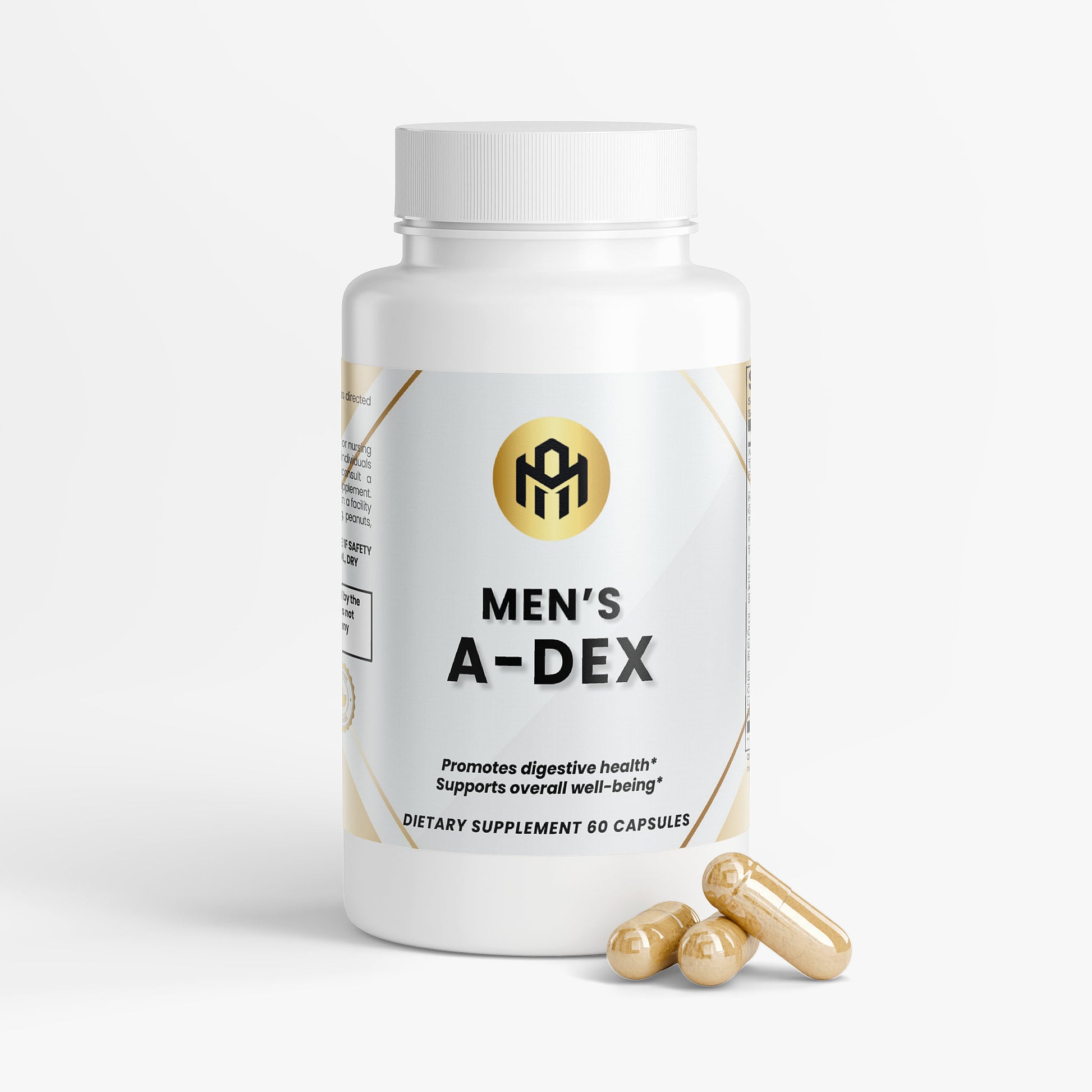 Men's A-Dex dietary supplement bottle with capsules on a white background