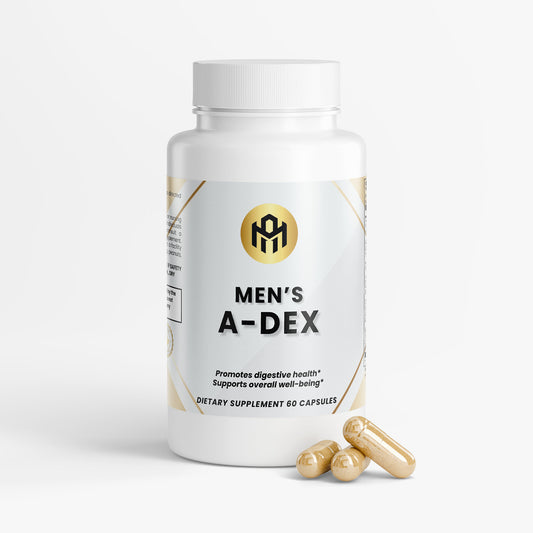 Men's A-Dex dietary supplement bottle with capsules on a white background