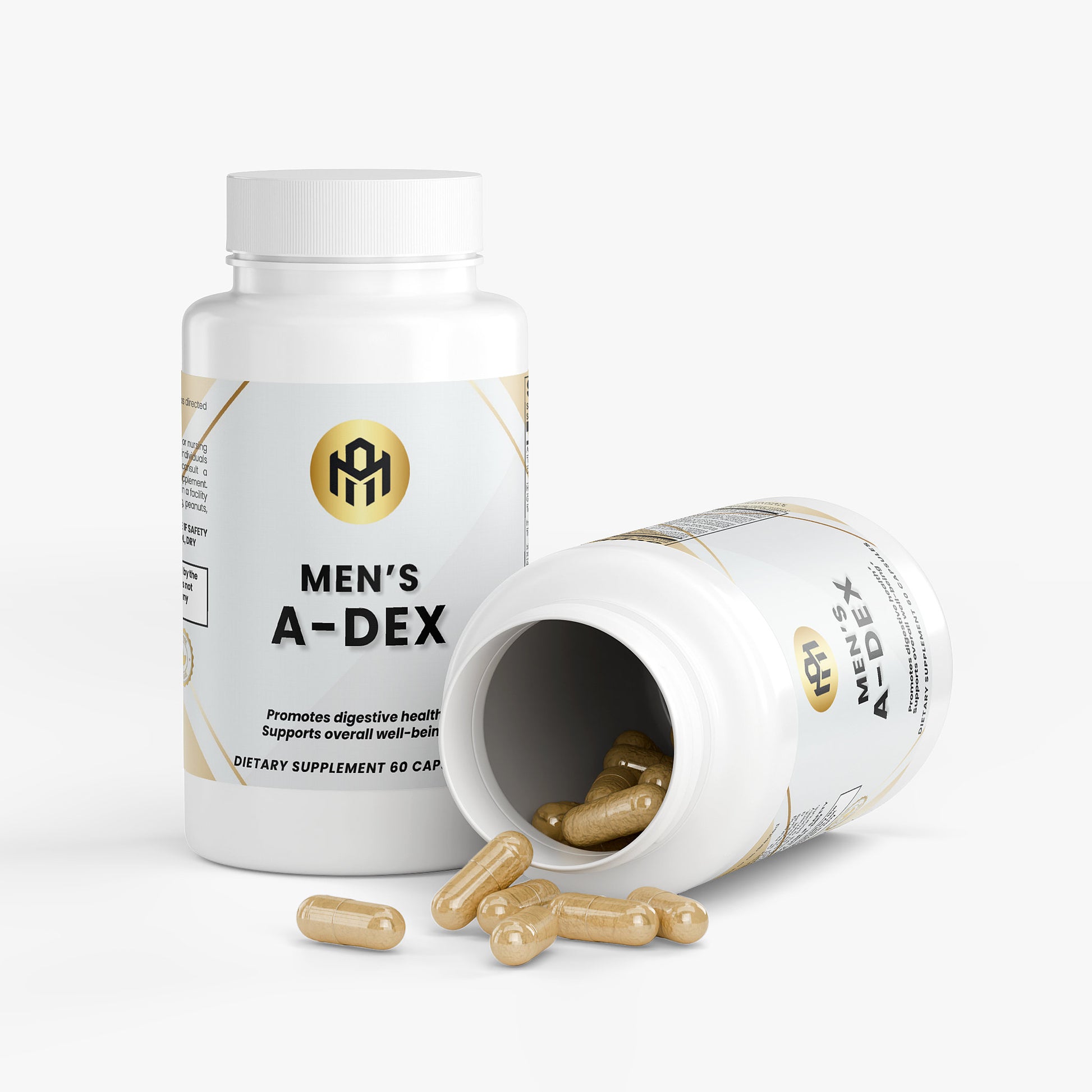 Men's A-Dex dietary supplement bottle with open cap on a white background