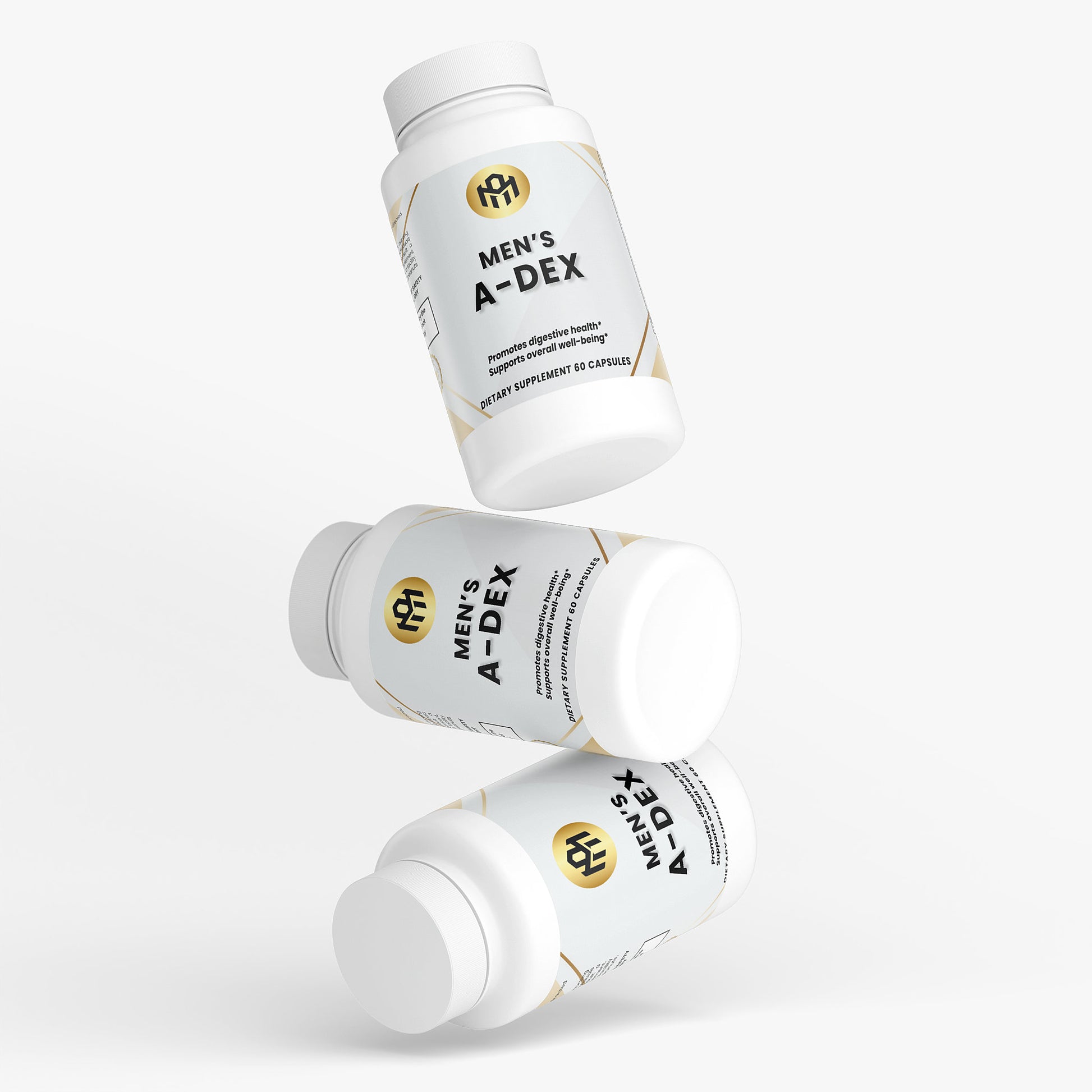Three bottles of Men's A-Dex supplement on a white background