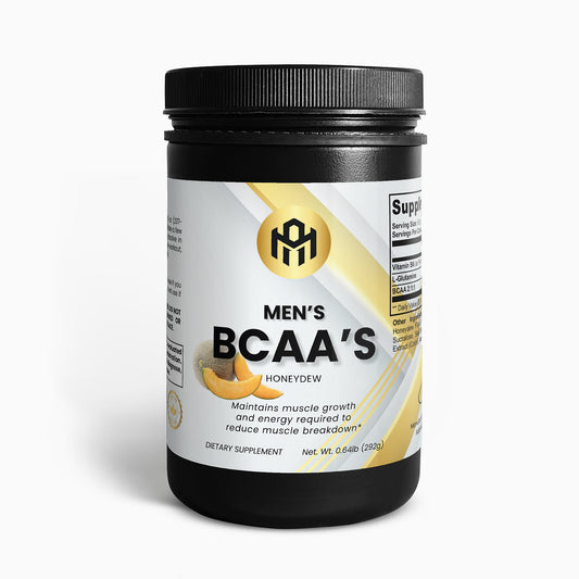 Supplement container labeled 'Men's BCAA's' on a white background