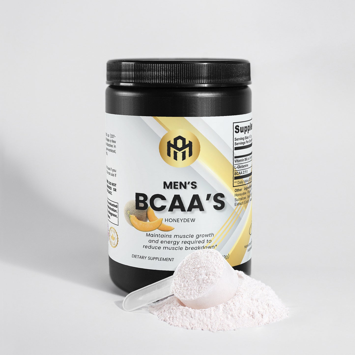 Supplement container labeled 'Men's BCAA's' with a scoop of powder on a light gray background