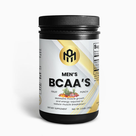Supplement container labeled 'Men's BCAA's' on a white background