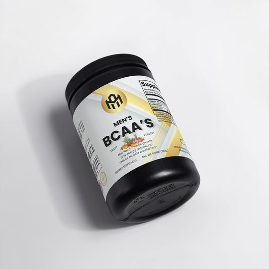 Container of Men's BCAA's supplement on a light gray background