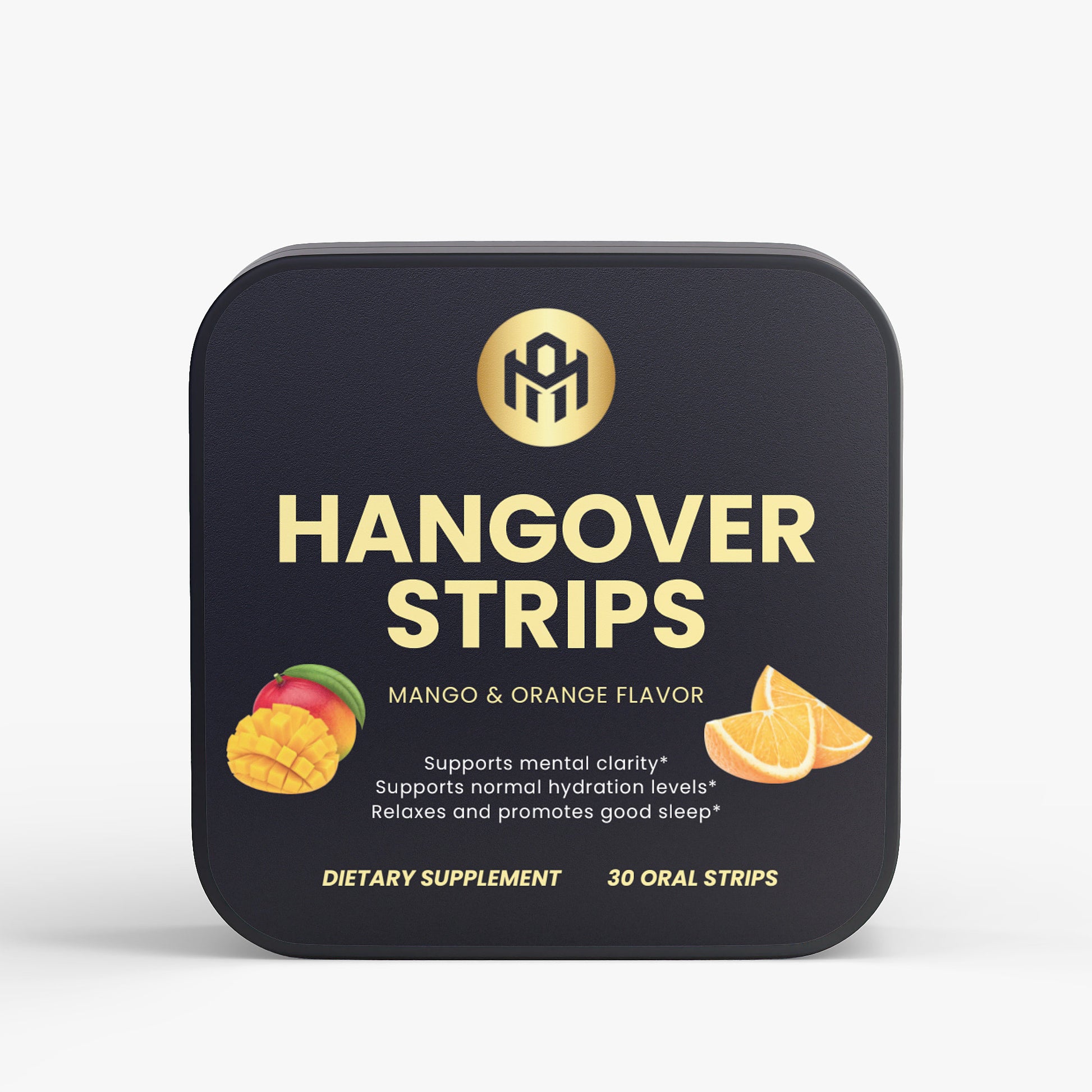Black tin packaging of Hangover Strips with mango and orange flavor on a white background