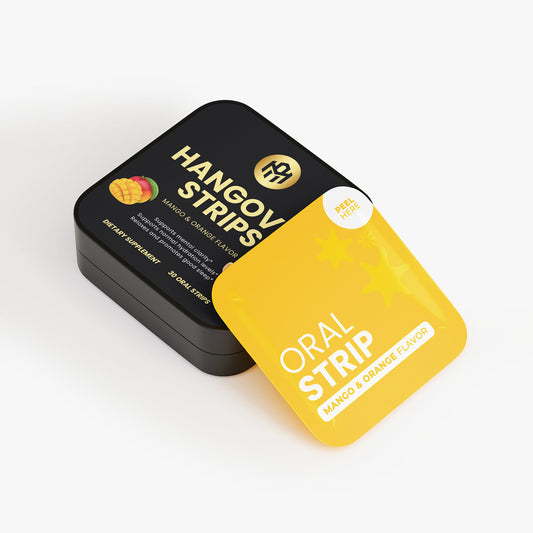 Yellow and black packaging of Hangov Strips on a white background