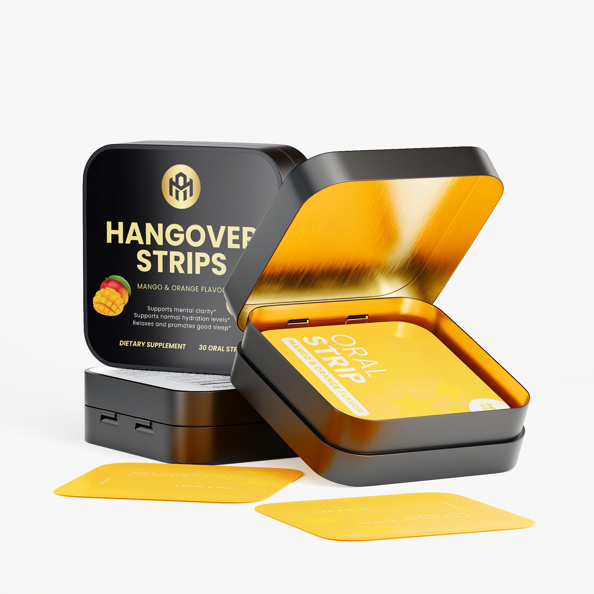 Open tin of Hangover Strips with yellow strips on a white background