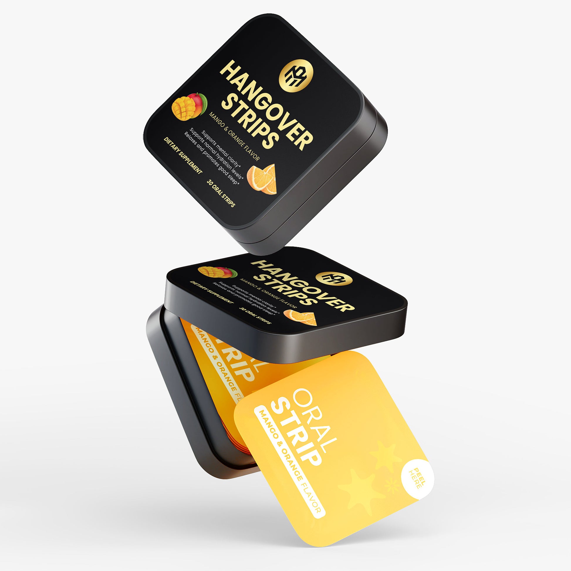 Black container of 'Hangover Strips' with a yellow strip on a white background