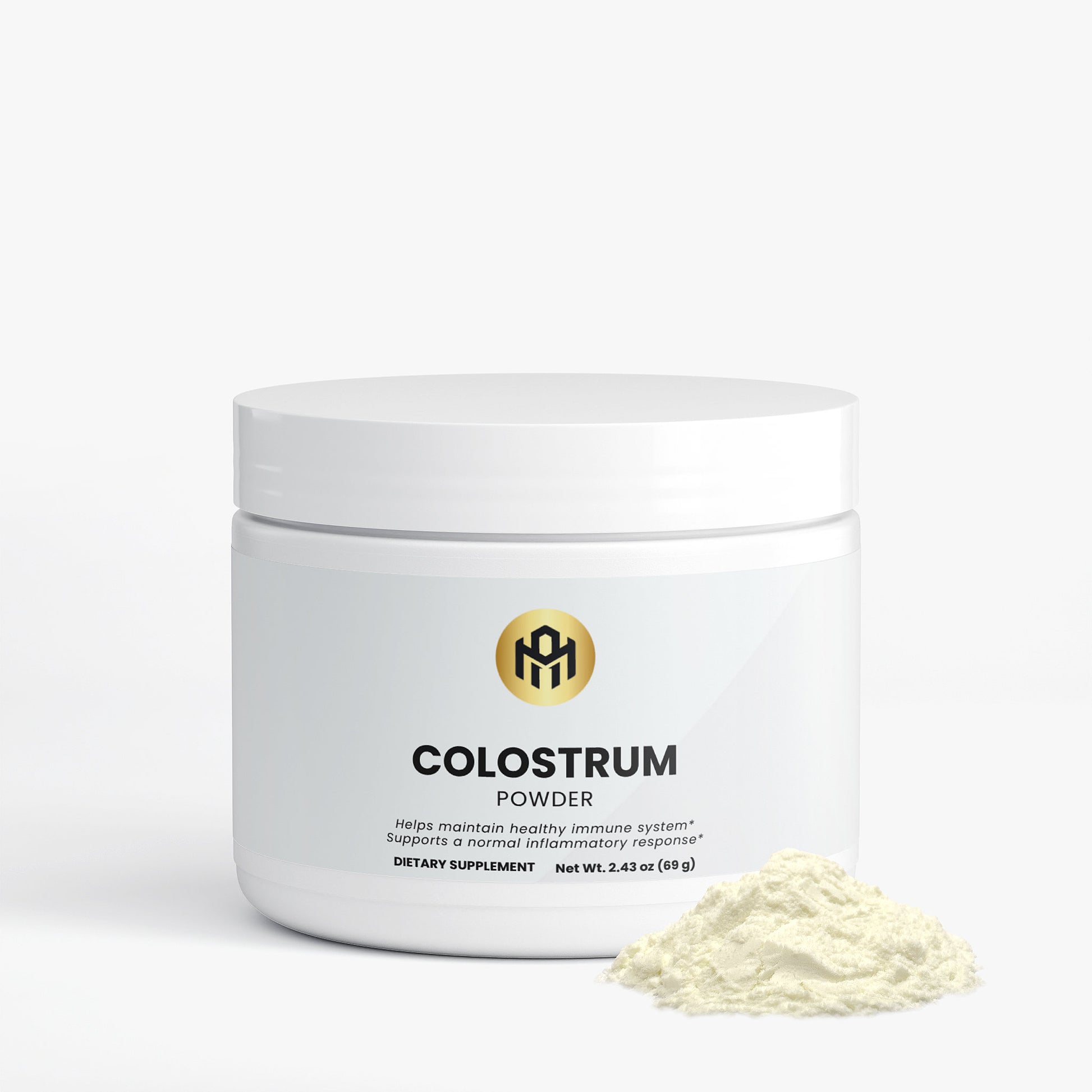 Jar of colostrum powder with a white background