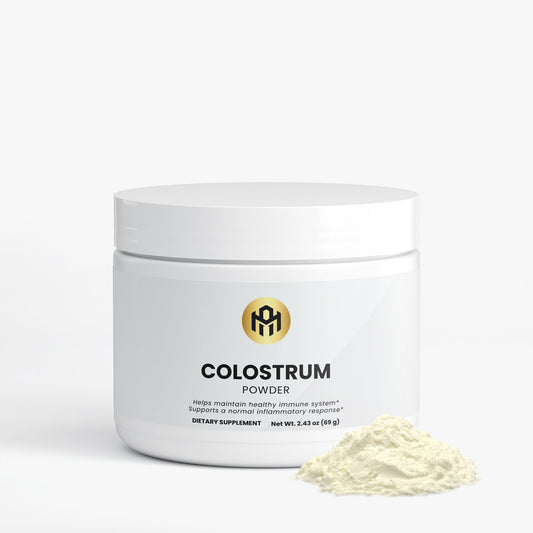 Jar of colostrum powder with a white background