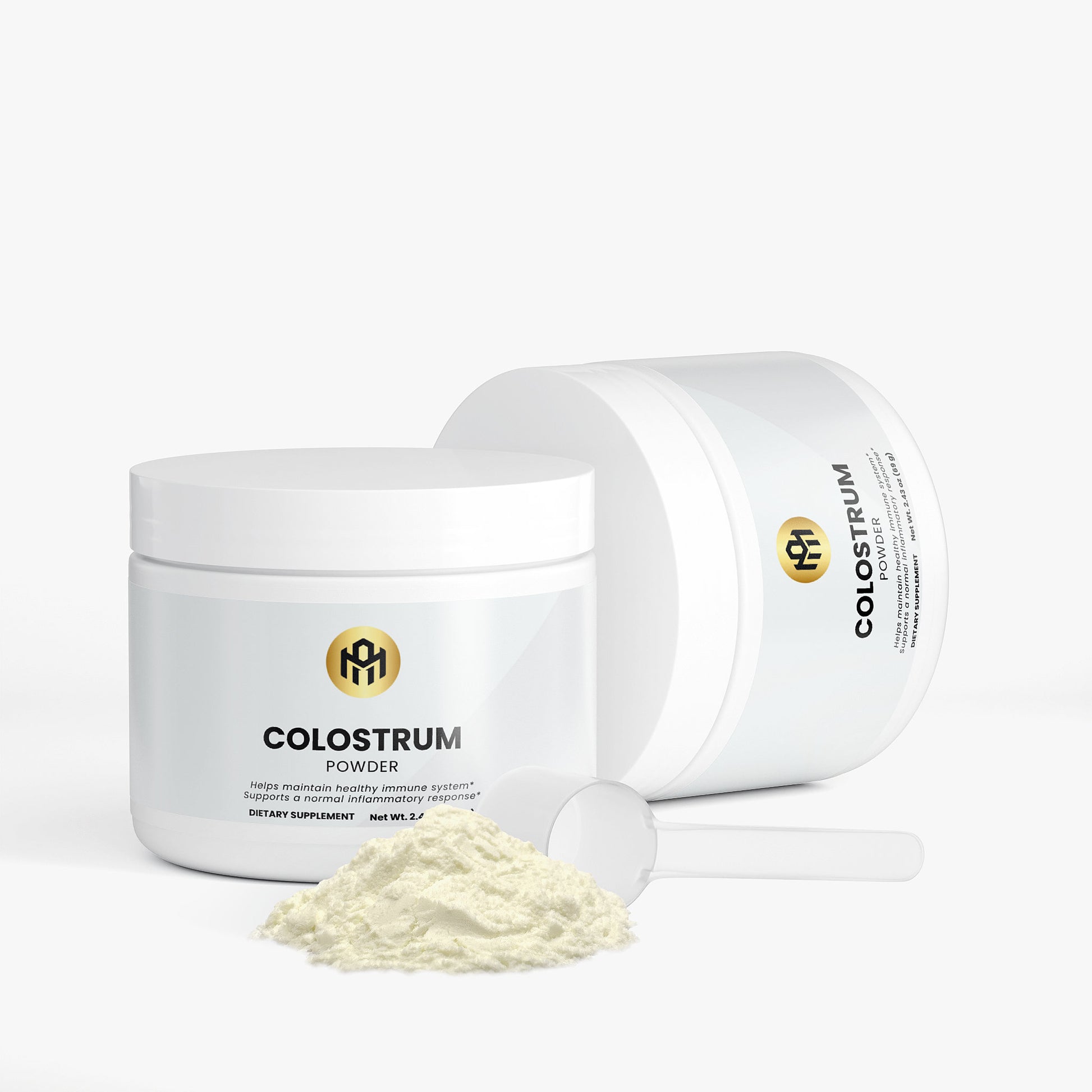 Colostrum powder container with scoop on a white background