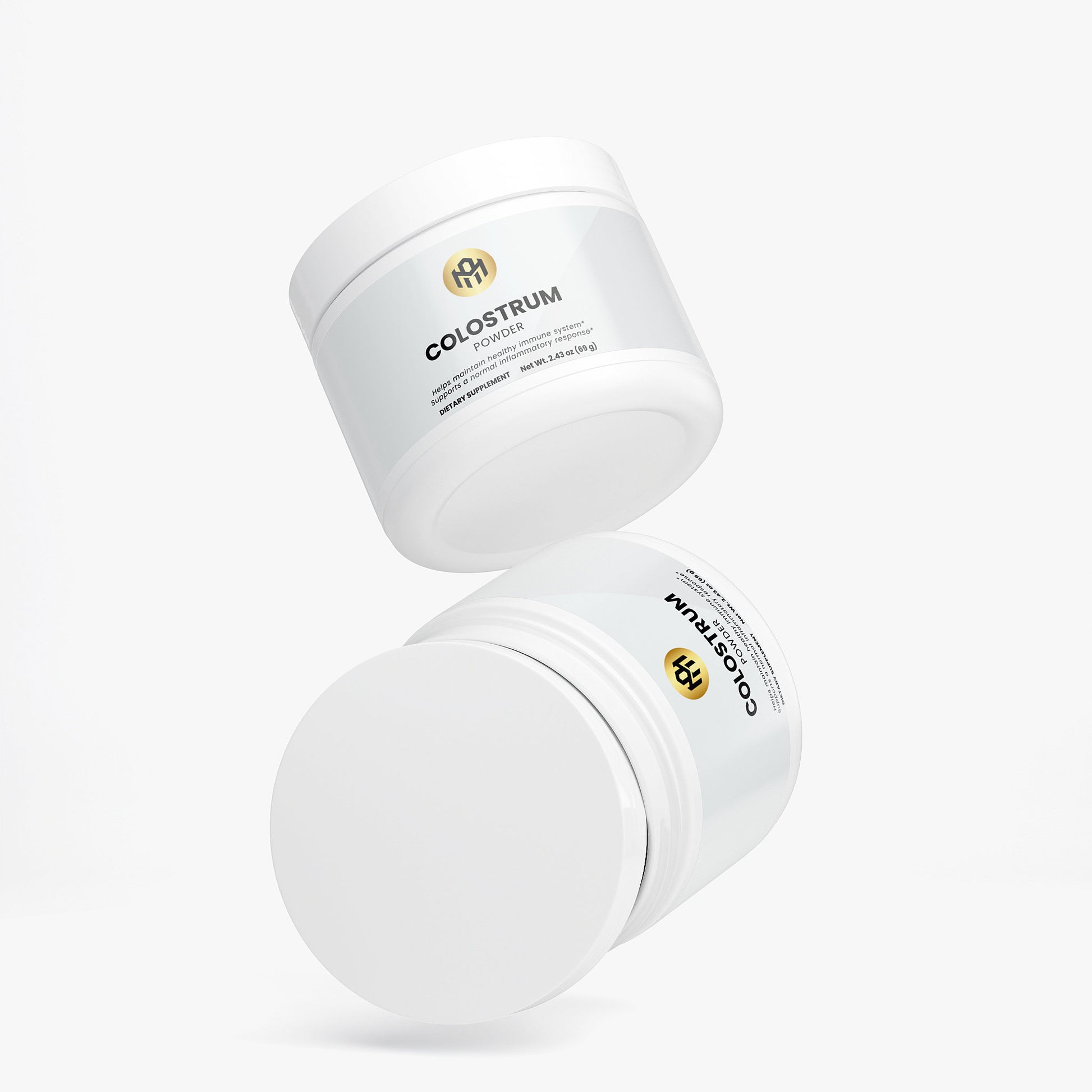 Two white containers labeled ' Colostrum' on a white background