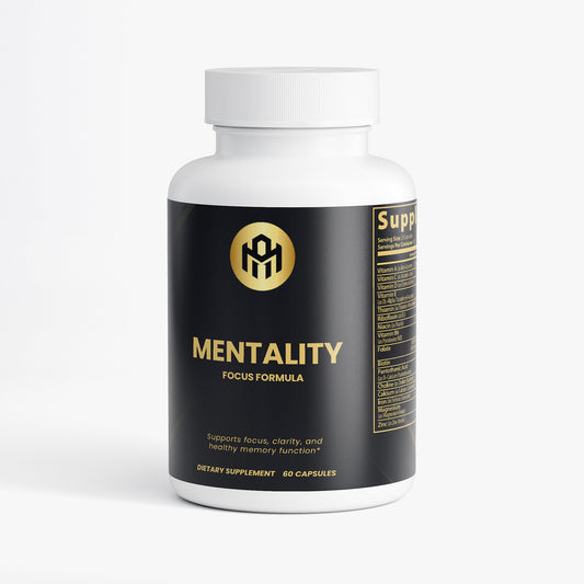 Supplement bottle labeled 'Mentality' on a white background