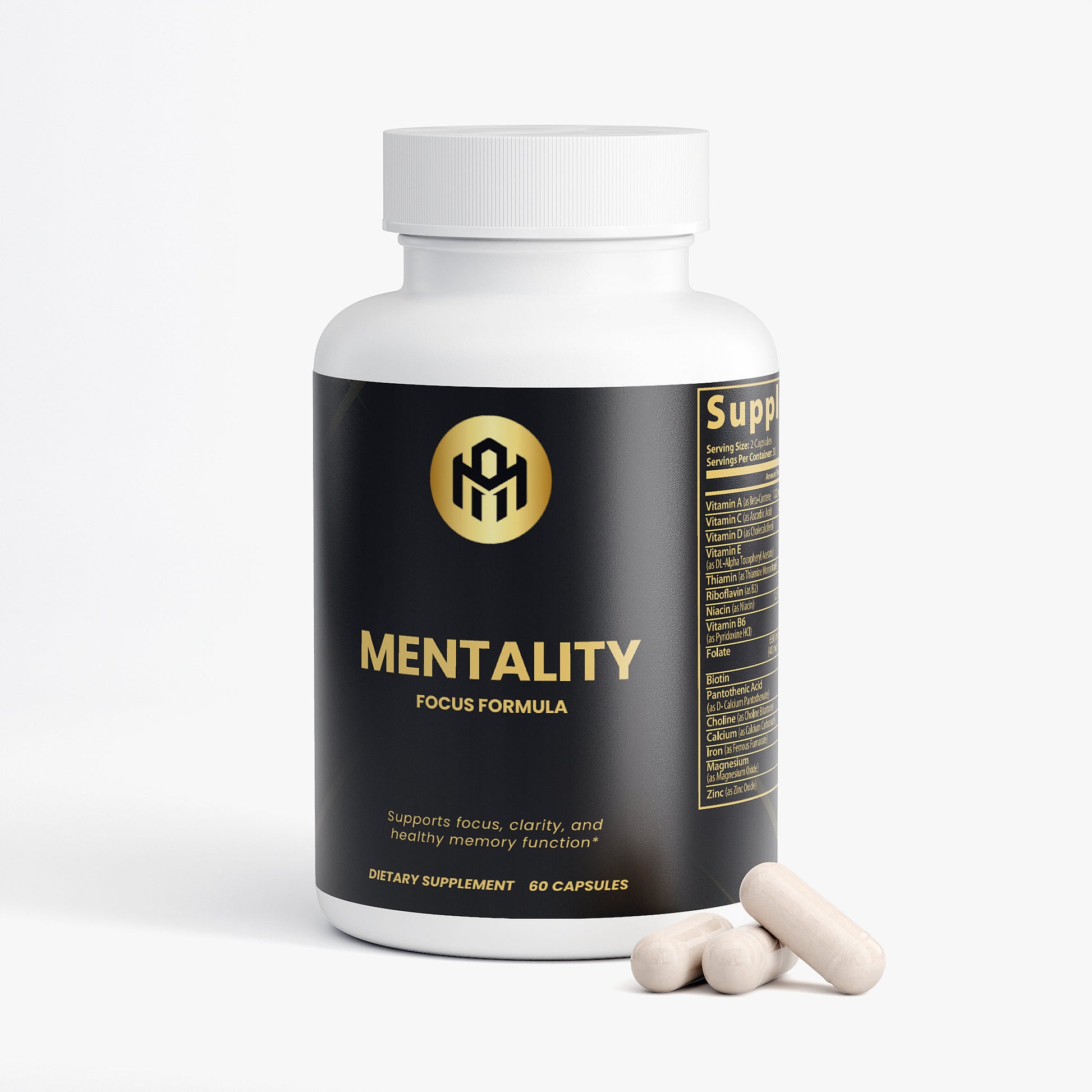 Supplement bottle labeled 'Mentality' with capsules on a white background