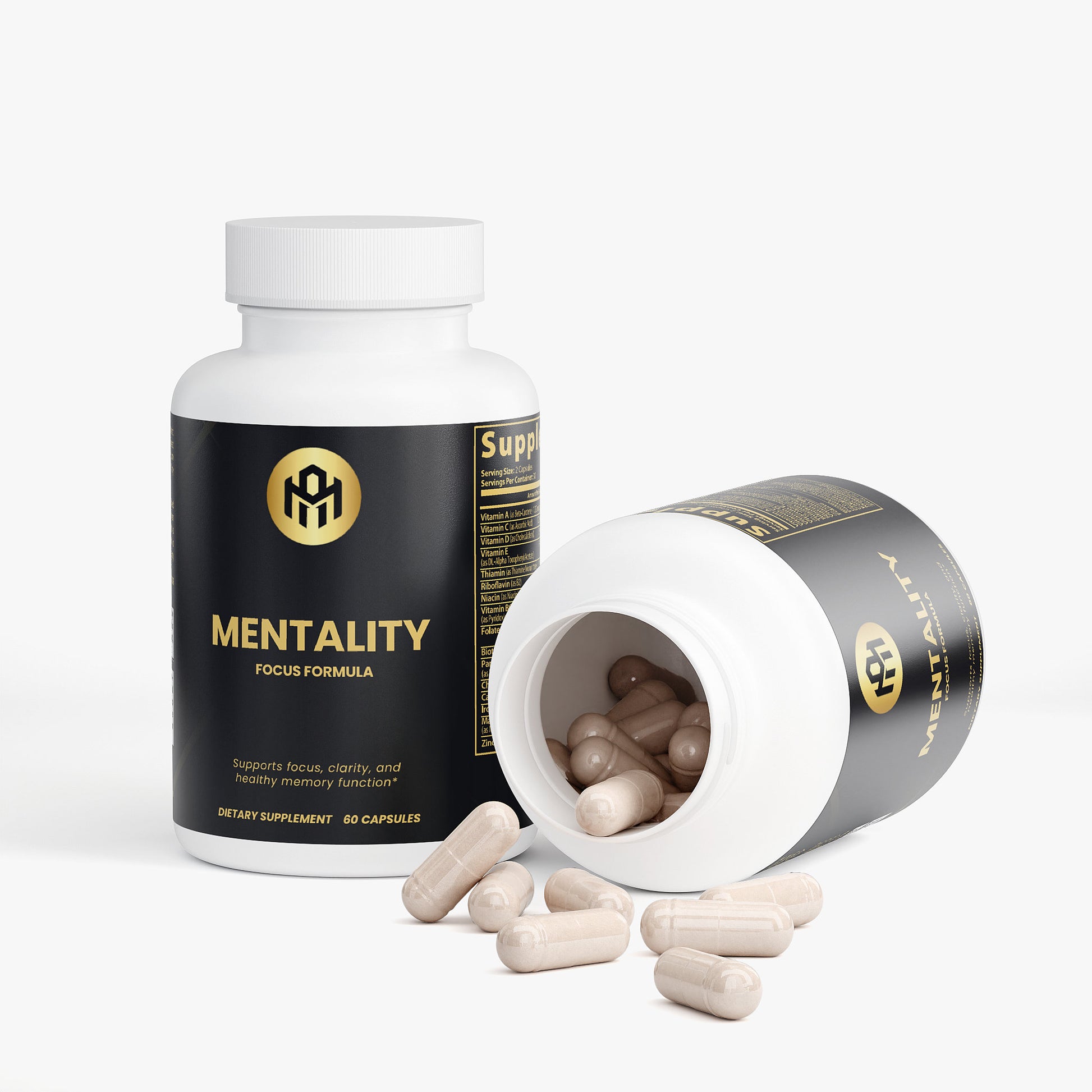 Mentality dietary supplement bottle with open cap showing capsules on a white background