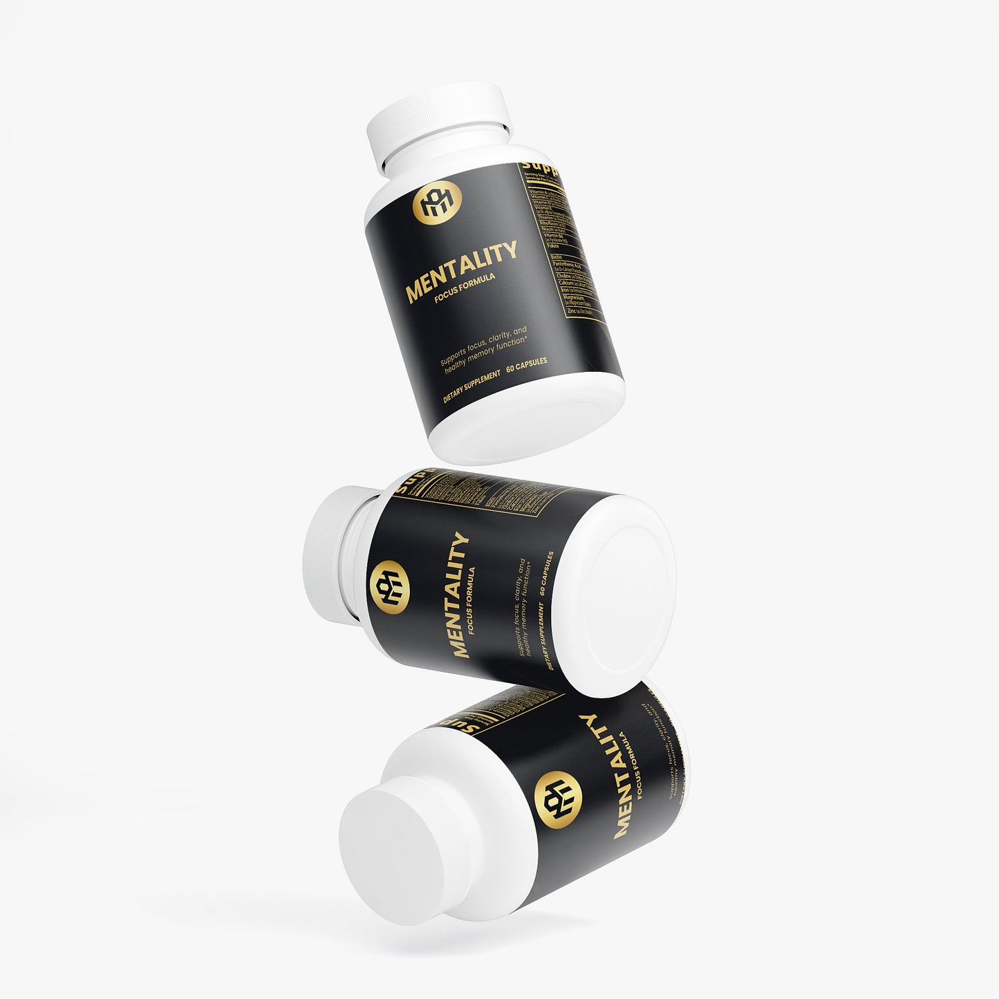 Three bottles of Mentality supplement on a white background