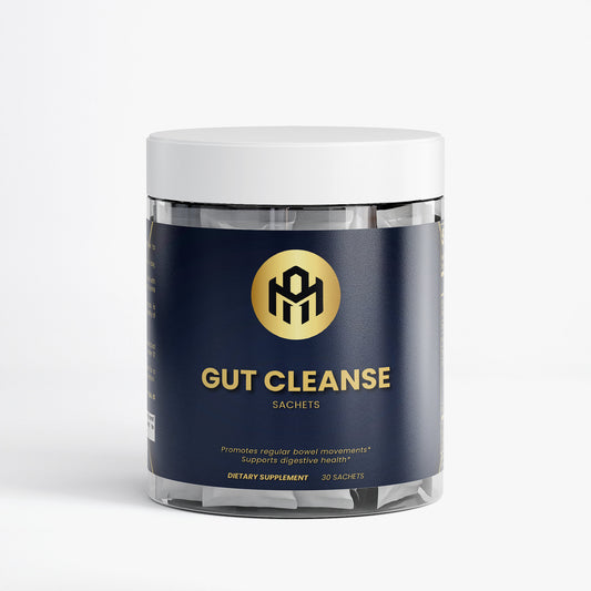 Jar of Gut Cleanse sachets with a white lid on a white background