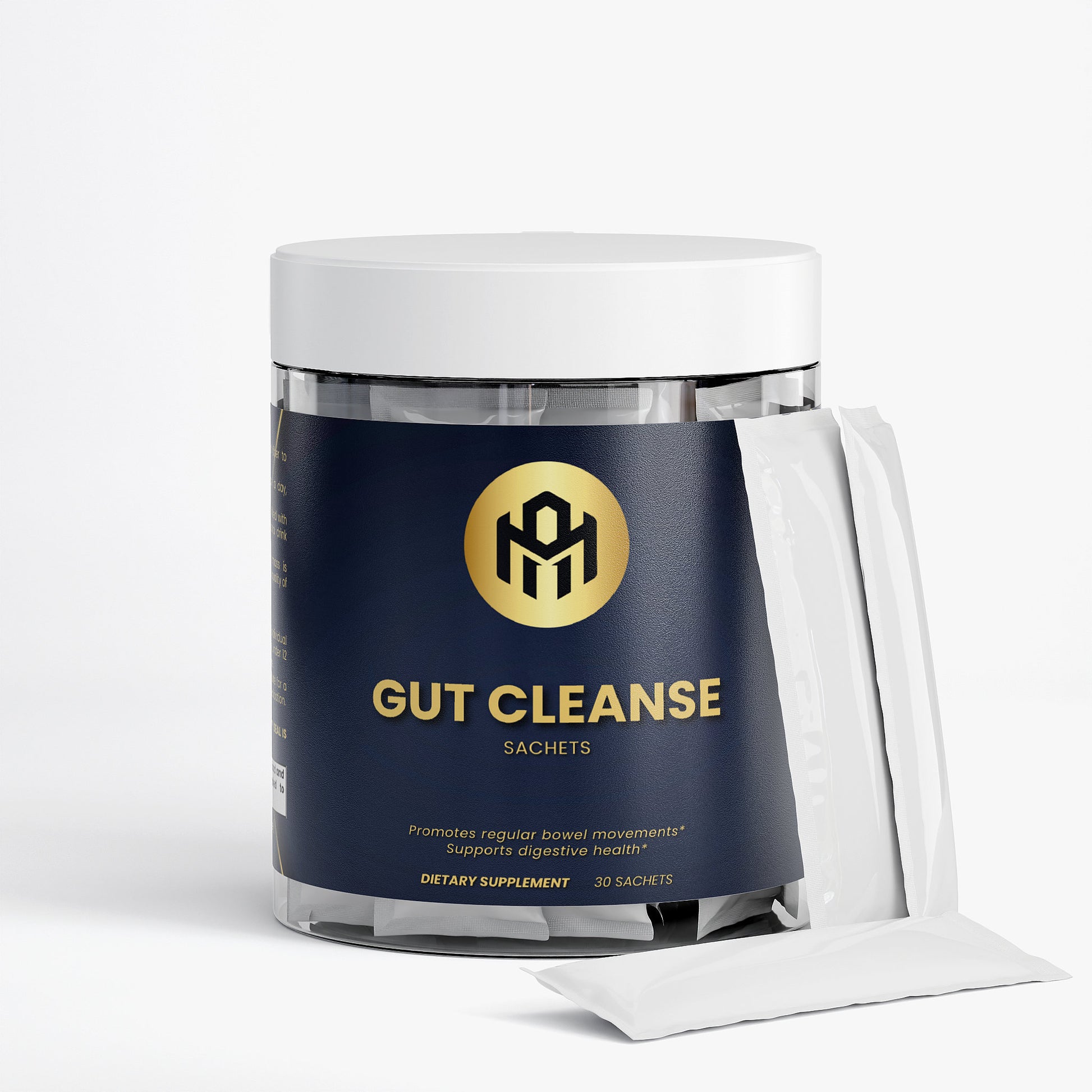 Container of Gut Cleanse sachets with a white lid on a white background