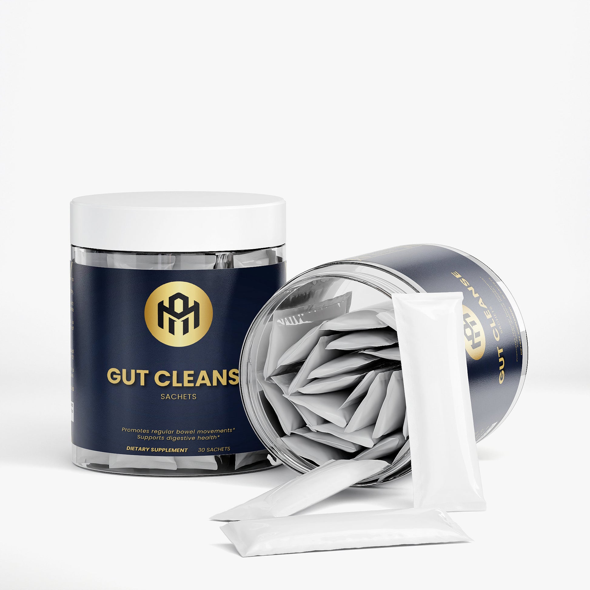 Gut cleanses sachets in a container with a visible brand logo on a white background