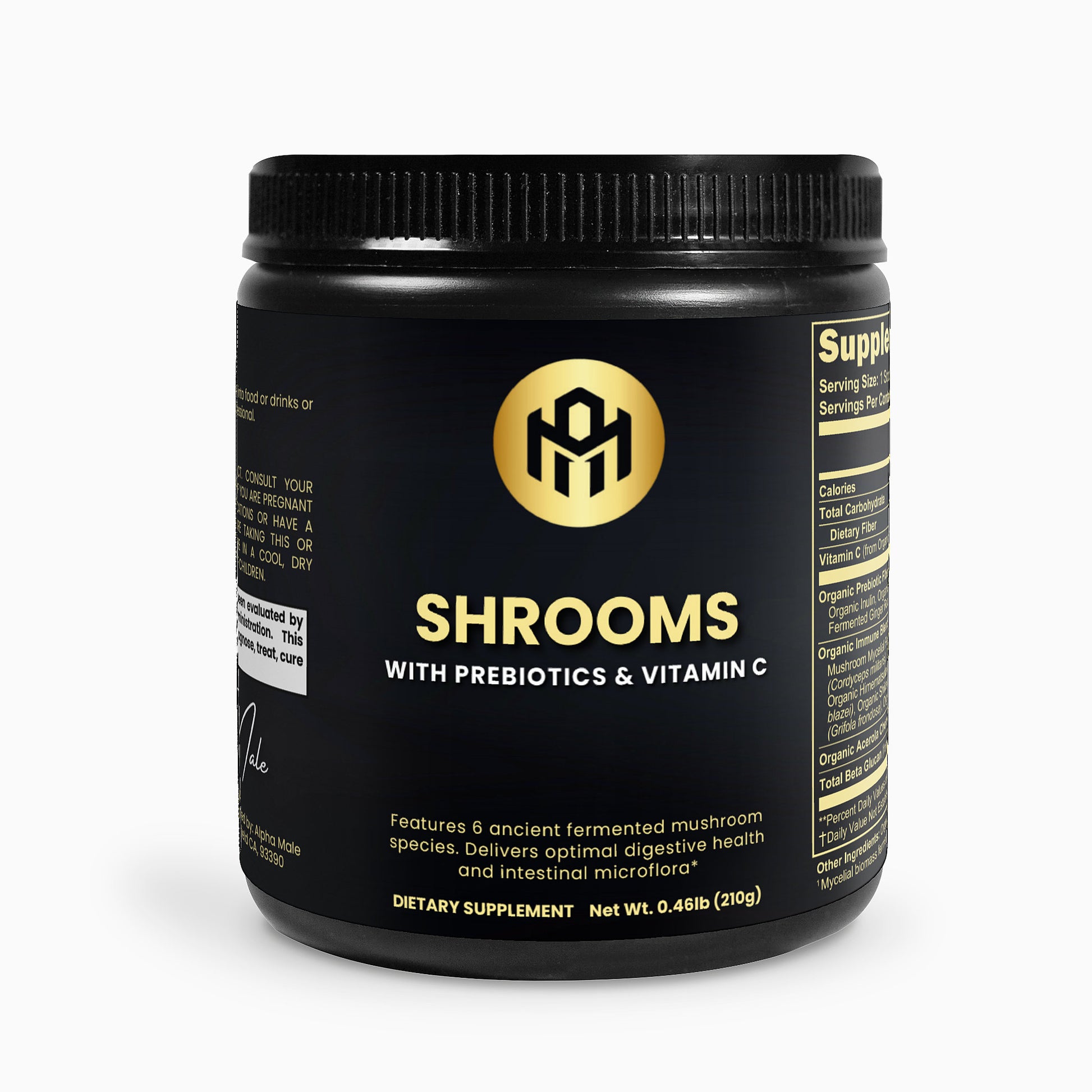 Black supplement container labeled 'SHROOMS with Prebiotics & Vitamin C' on a white background