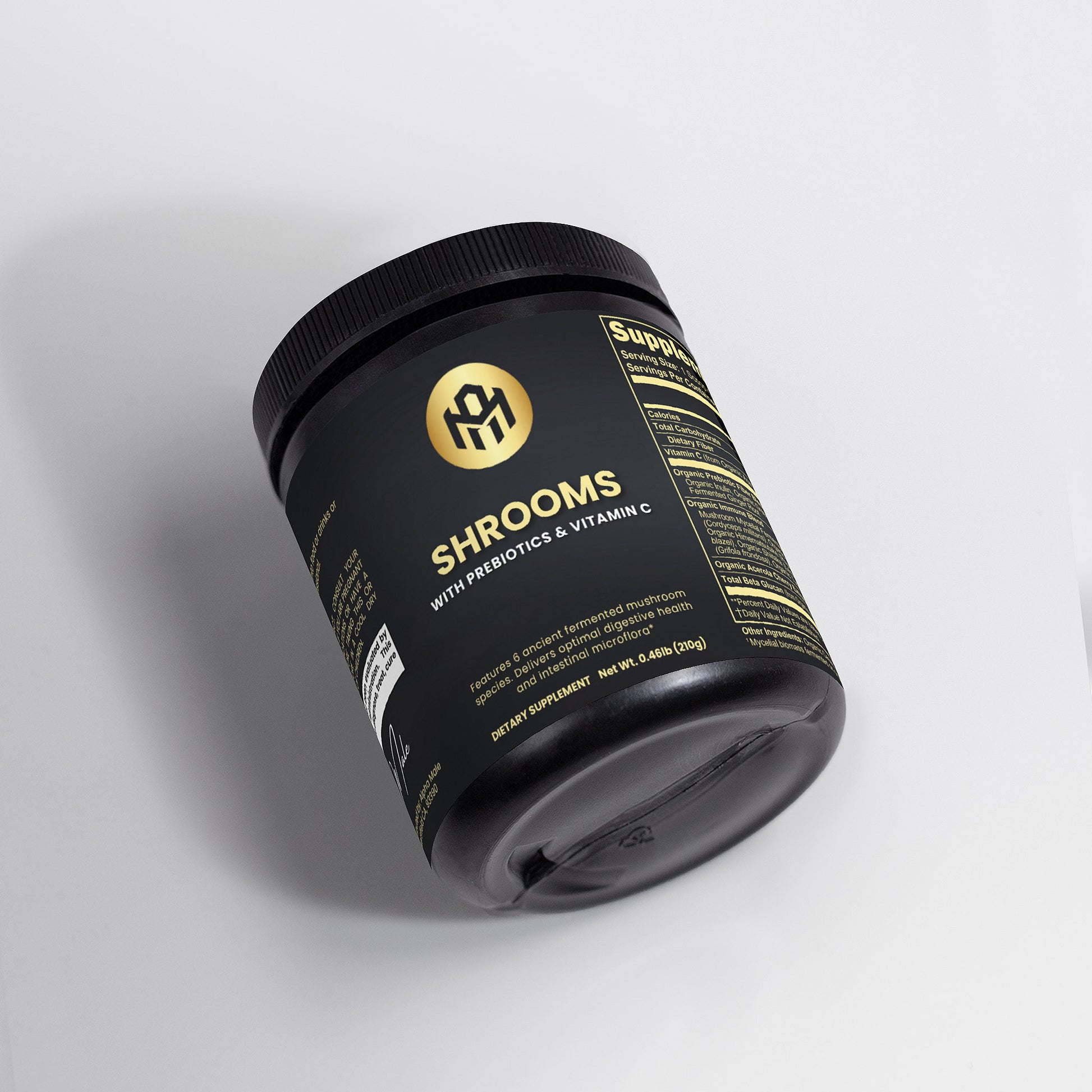 Black container labeled 'SHROOMS' on a gray background