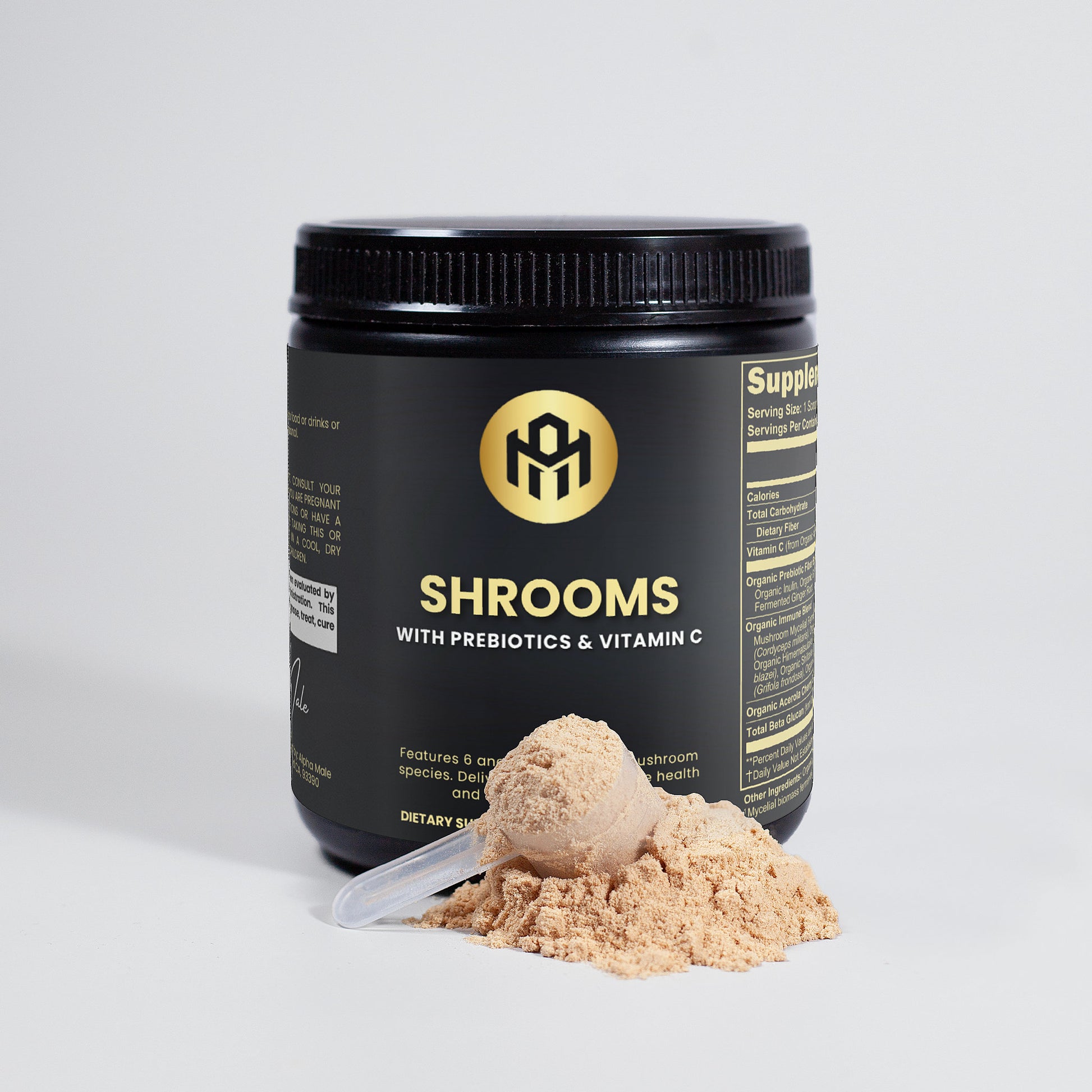 Black container of 'Shrooms' supplement with powder and scoop on a light gray background