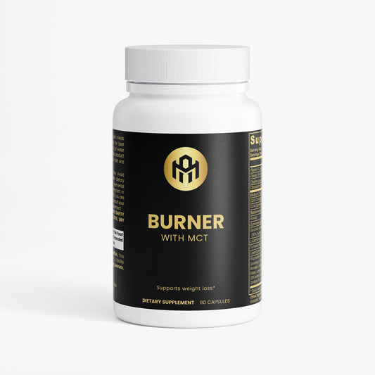 Supplement bottle labeled 'Burner with MCT' on a white background