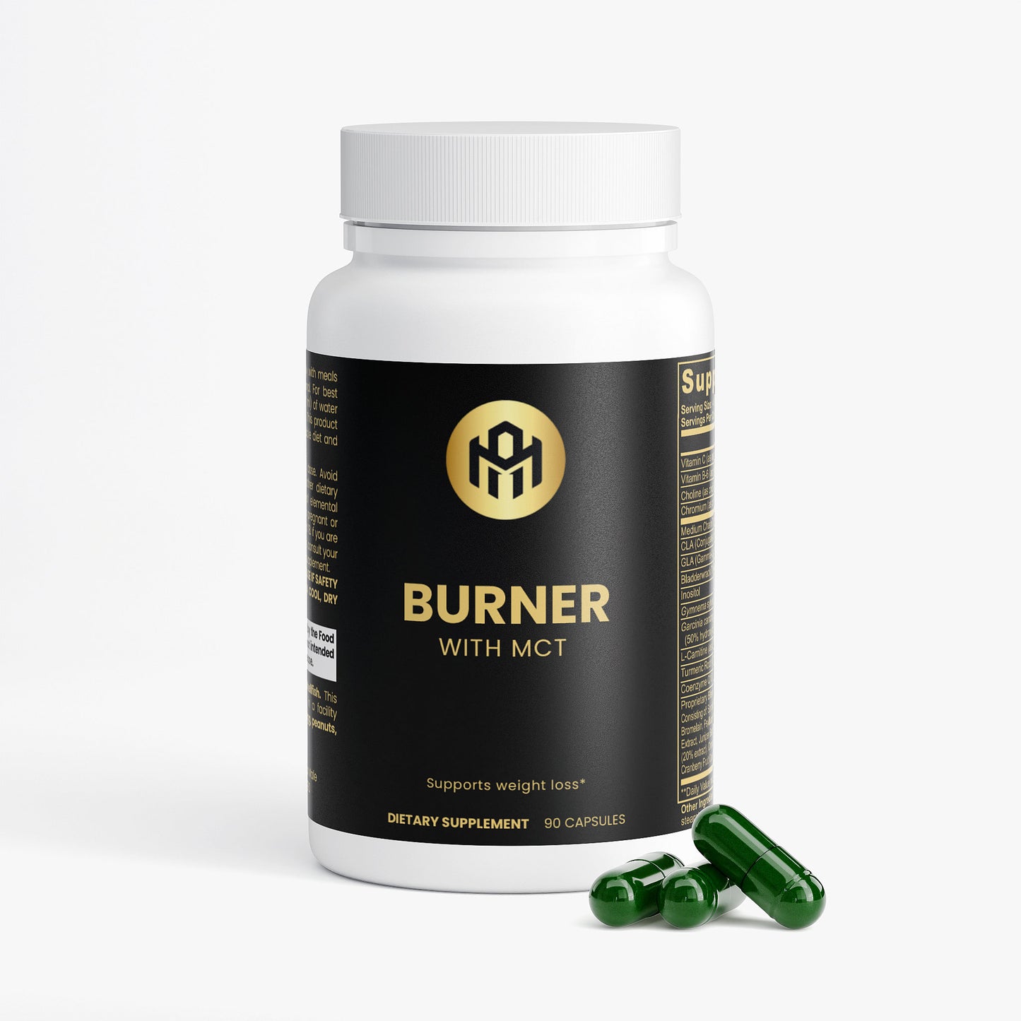 Supplement bottle labeled 'Burner with MCT' on a white background