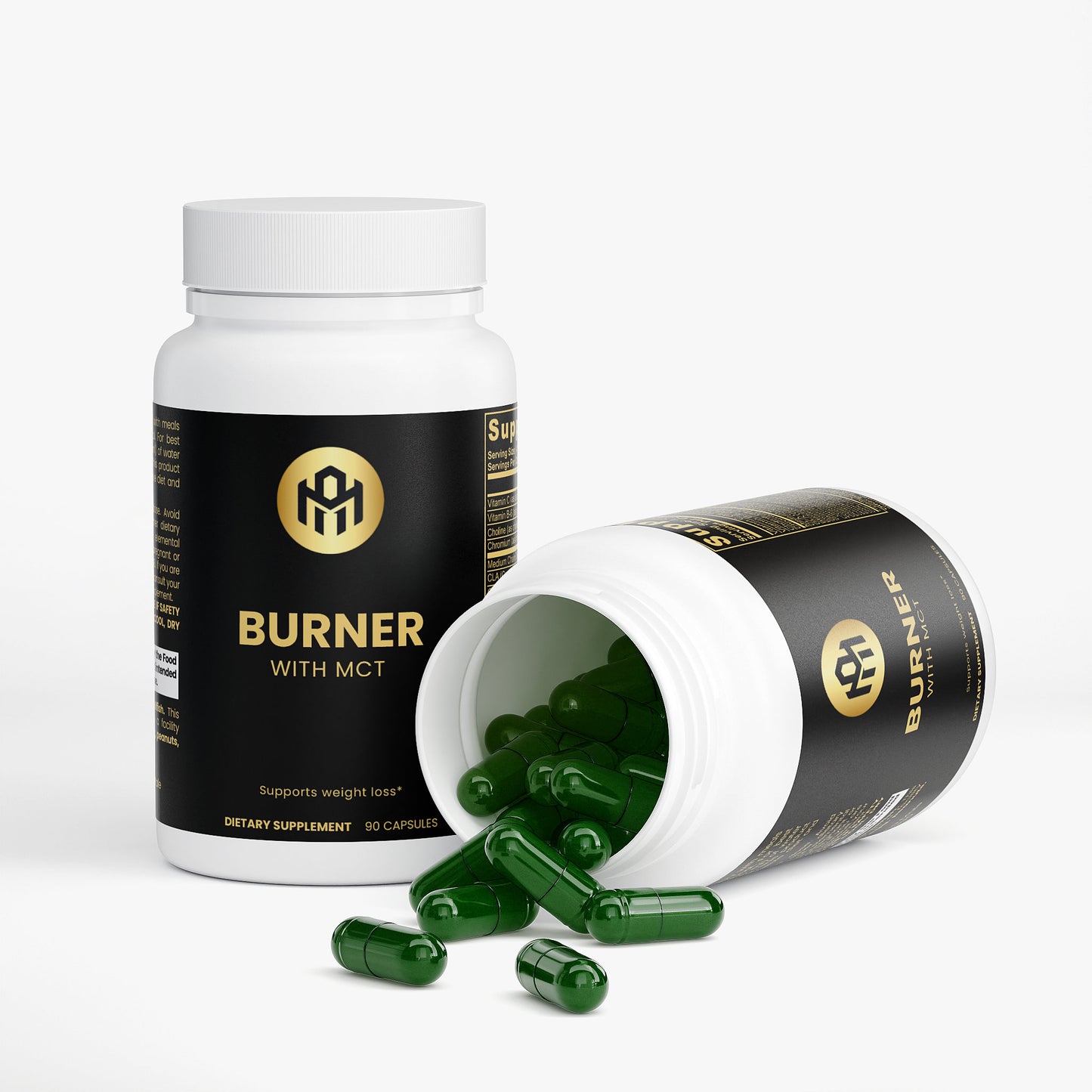 Supplement bottle labeled 'Burner with MCT' on a white background