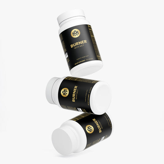 Three 'Burner' supplement bottles with black labels on a white background