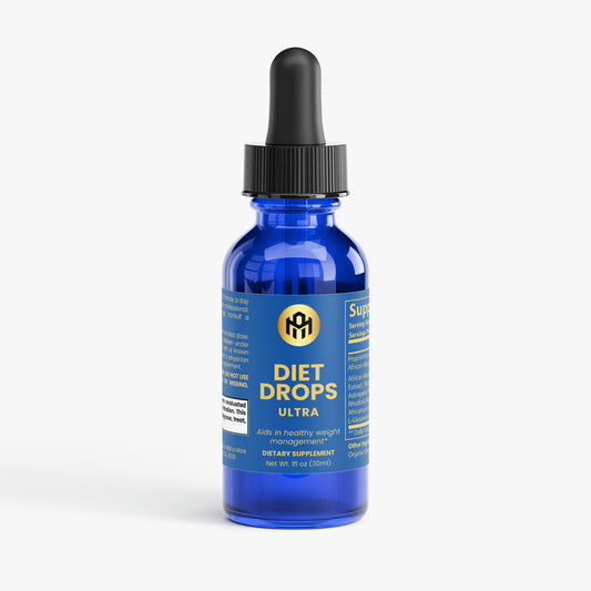 Blue bottle of Diet Drops Ultra supplement with dropper on a white background