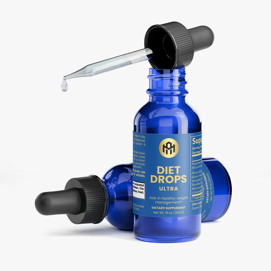 Blue bottle of Diet Drops Ultra with dropper on a white background