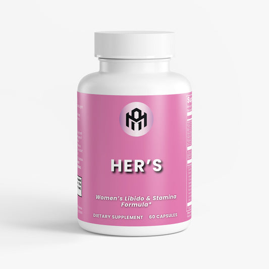 Supplement bottle labeled 'HER'S' on a white background