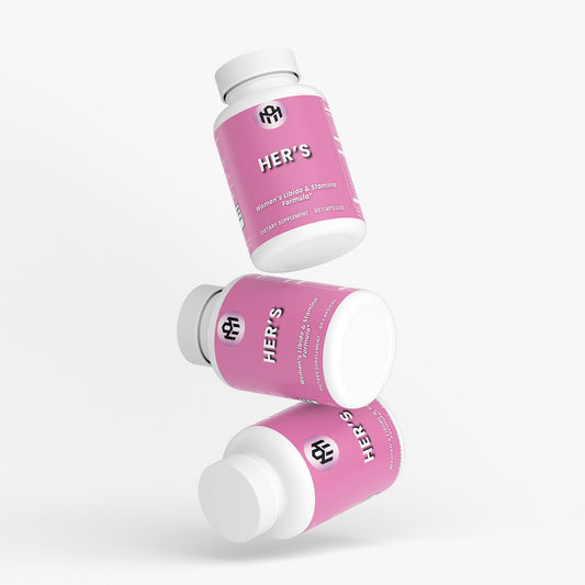 Two 'HER'S' supplement bottles on a white background
