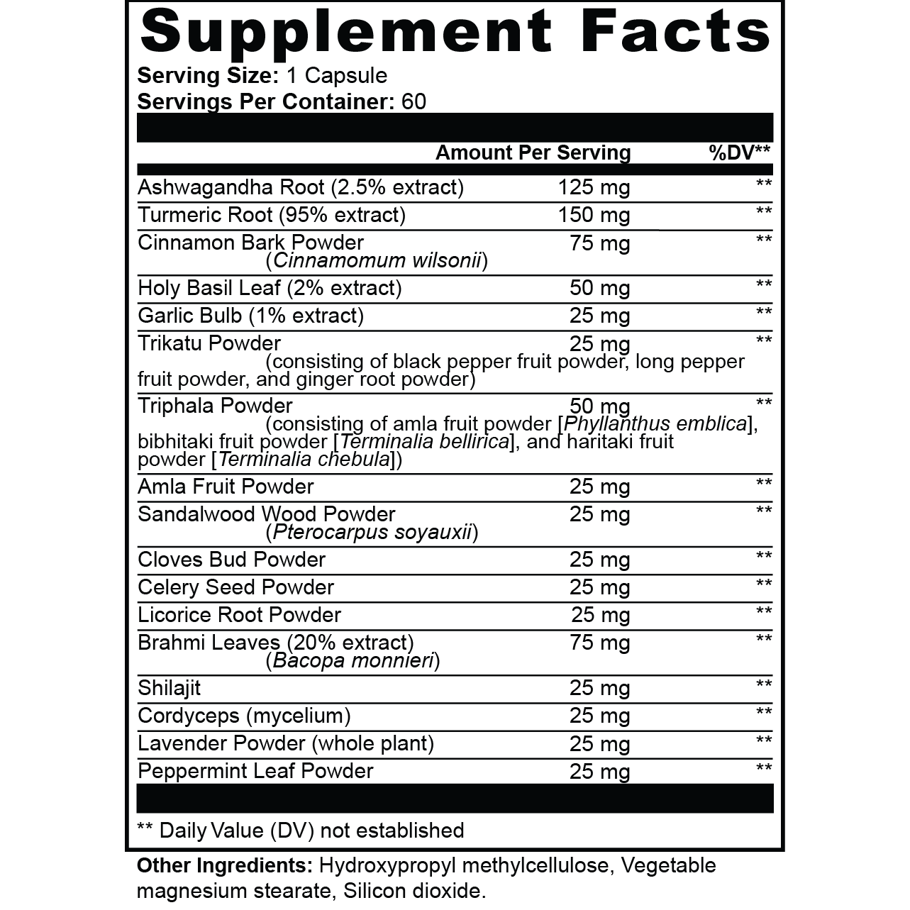 Supplement facts label with various herbal ingredients and their amounts per serving.