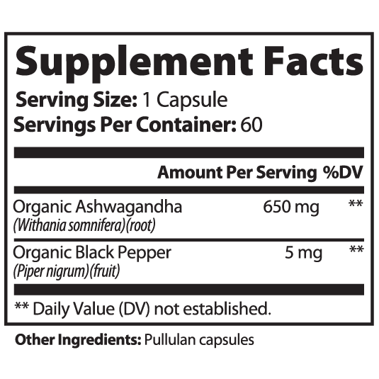 Supplement facts label for a product containing Organic Ashwagandha and Organic Black Pepper.