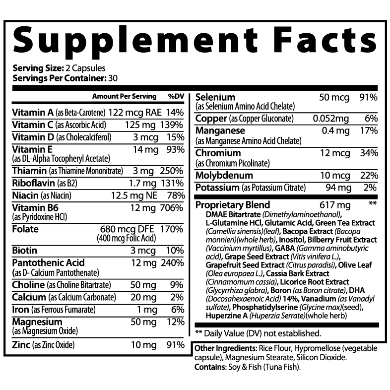 Supplement facts label with detailed nutritional information on a white background