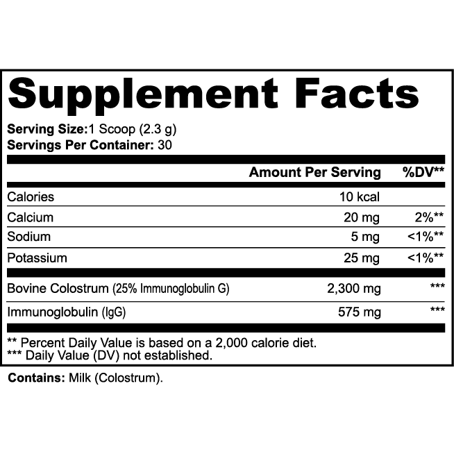 Supplement facts label for a product containing Bovine Colostrum and Immunoglobulin.
