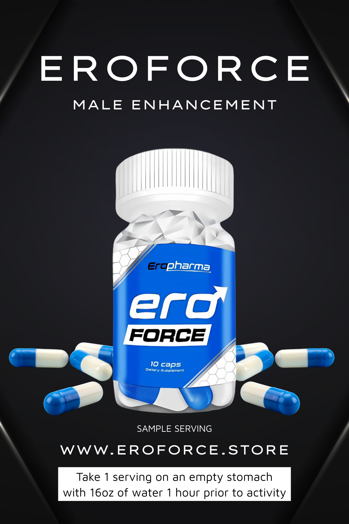 Eroforce male enhancement supplement bottle with capsules on a black background